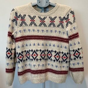 🌲Old Navy Cream Knit Sweater Blue & Red Winter Fair Isle Holiday Snow Fisherman
